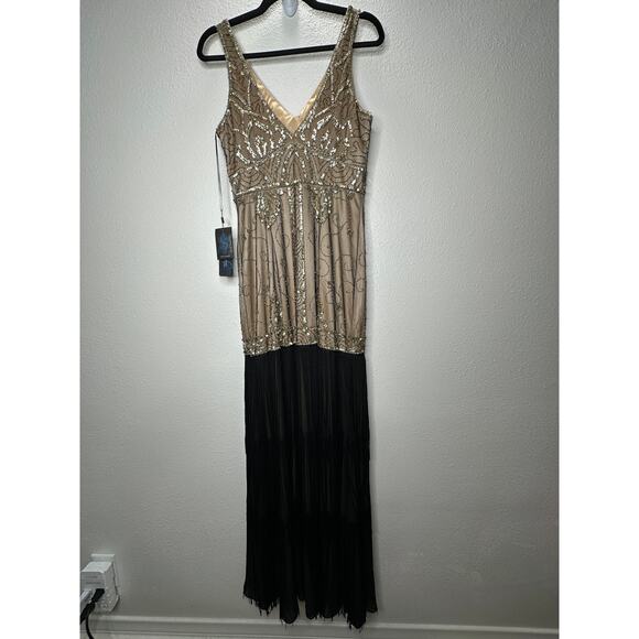 NWT Sue Wong Beaded Gold Mesh Top Black Fringe Bottom Evening Dress 8 - Picture 9 of 15